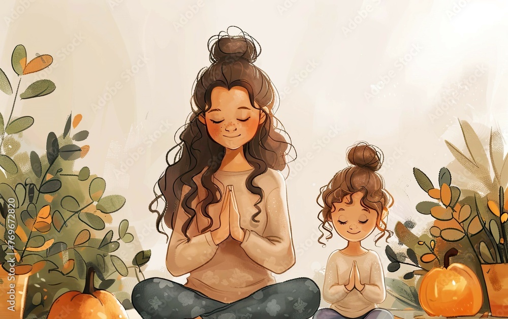Mother and daughter meditating in the lotus position - obrazy, fototapety, plakaty 