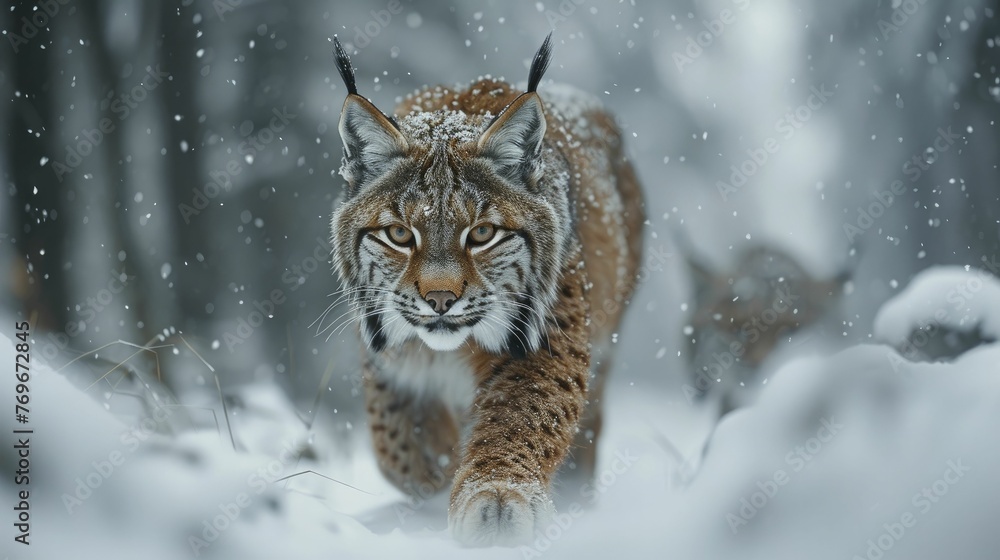Fototapeta premium The lynx's stealth in the snow mirrors the calculated precision of marketing strategies, blending research and focus seamlessly.