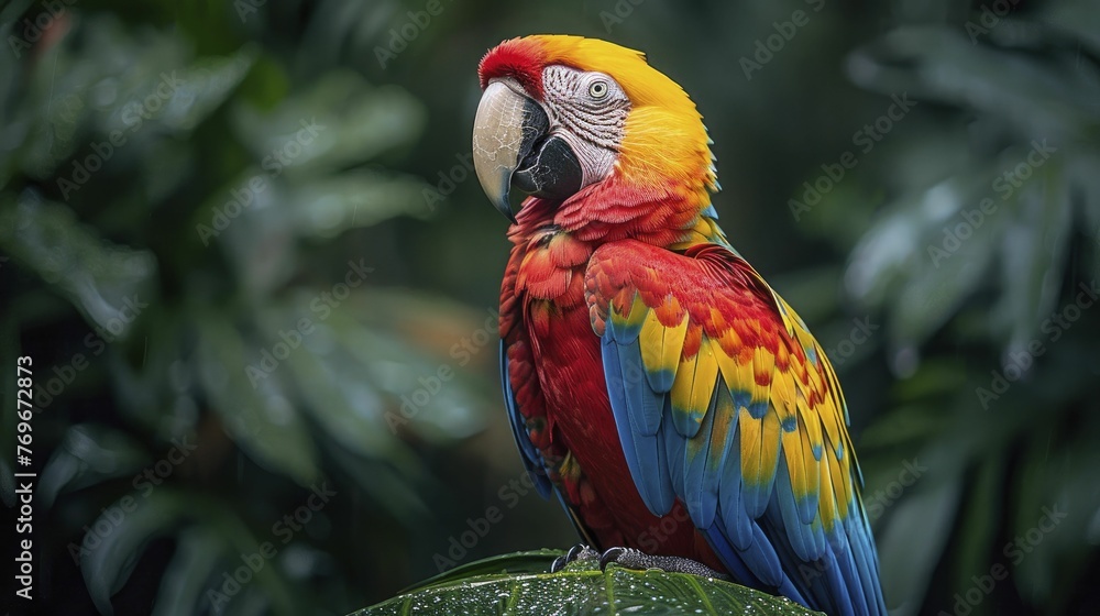 A macaw navigating through a jungle, leaving a trail of colorful feathers, symbolizing the exploration of beauty and discovery in travel and tourism.