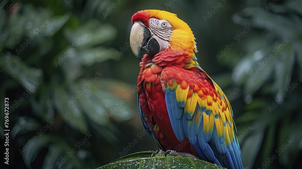 Fototapeta premium A macaw navigating through a jungle, leaving a trail of colorful feathers, symbolizing the exploration of beauty and discovery in travel and tourism.