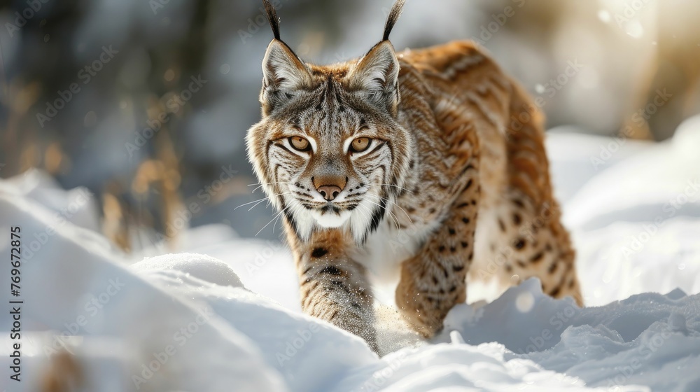 Fototapeta premium A lynx tracking silently in the snow, embodying the meticulous research and targeted approach in marketing and advertising strategies.