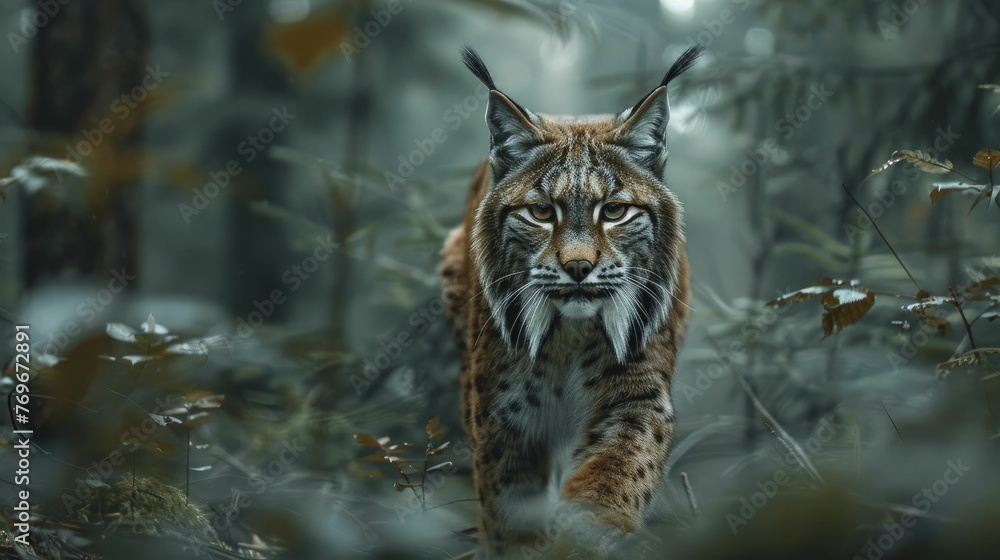 Obraz premium Witness the strategic finesse mirrored by a lynx navigating through dense woodsâ€”a testament to the precision in competitive market analysis.