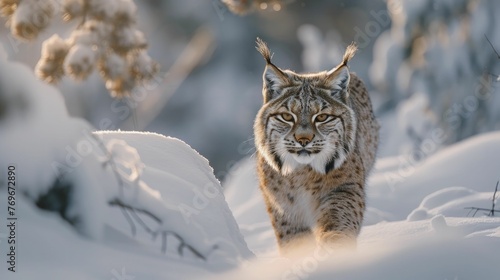 A stealthy lynx in the snow symbolizes precision in marketing strategies with its meticulous tracking.