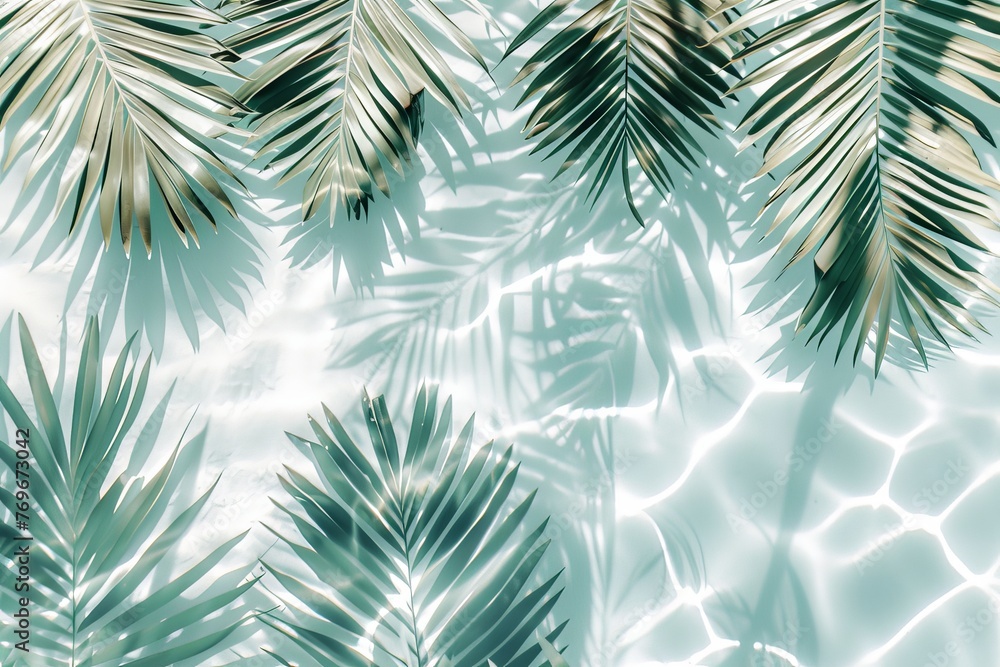 Detailed close-up of elegant palm tree leaves, showcasing intricate patterns and vibrant green hues under the soft sunlight