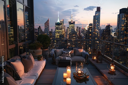 view of a rooftop at evening with sofa chair with the view of city skyline buildings