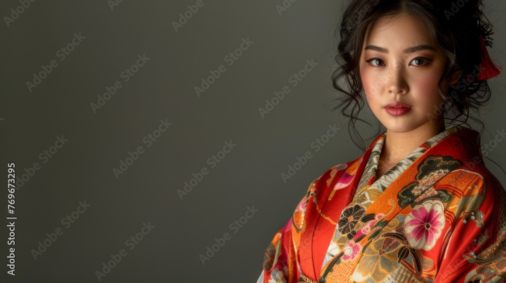 Japanese woman in a traditional kimono on grey background. Female in asian clothes. Japanese woman in a traditional kimono on grey background. Female in asian clothes.