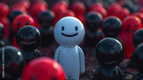 Happy white stickman in the middle of several sad black stickmans. AI Generated photo