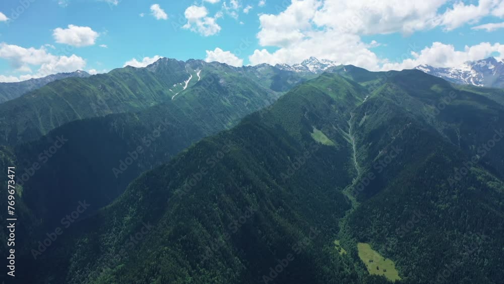 Panoramic drone flight over green Caucasus Mountains in Georgia. Panoramic drone flight over green Caucasus Mountains in Georgia.