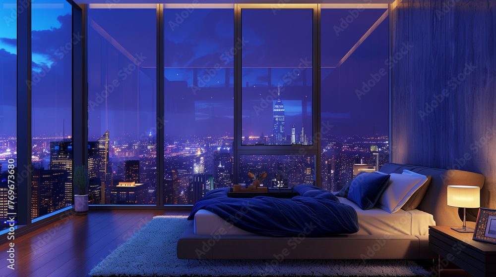 High bedroom overlooking the city, large windows, at night, bright lights in the room, dark outside. AI Generated