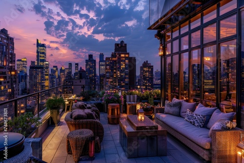 view of a rooftop at evening with sofa chair with the view of city skyline buildings