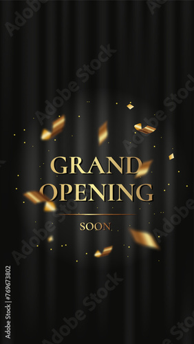 Grand Opening. Premium vertical banner with black curtain, golden text, foil confetti and glitter. Vector illustration