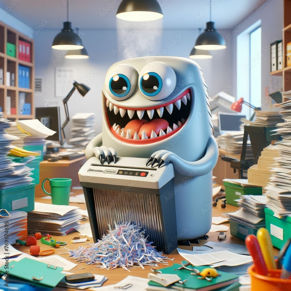 Paperwork Monster An animated, friendly monster enjoys shredding overflowing paperwork in ...