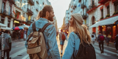 A young couple holding hands as they explore a bustling city street. 