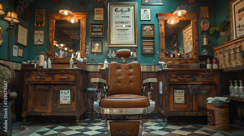 The classic elegance of a vintage barber shop is captured in this scene, featuring a traditional barber chair amidst antique furnishings and warm lighting
