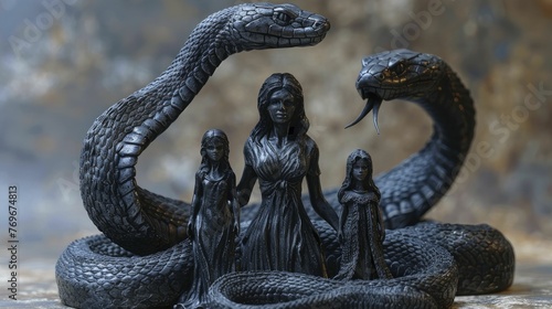 Cobra in a defensive stance around a family, symbolizing protection, insurance, and the fierce defense of client interests in legal services. photo
