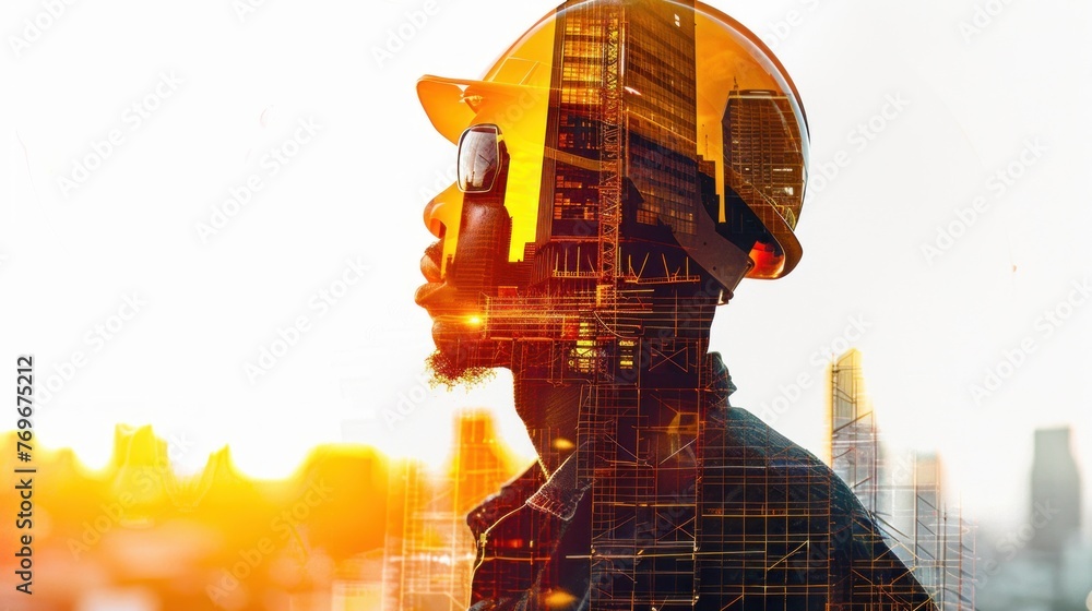 A male engineer stands in front of the city at sunset. Silhouette illustration of a construction worker inspecting a construction building on a white background. - obrazy, fototapety, plakaty 