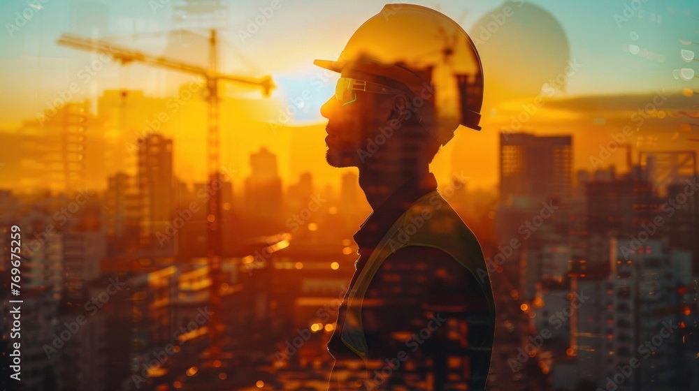 A male engineer stands in front of the city at sunset. Silhouette of a construction worker inspecting a construction building in the evening at sunset. - obrazy, fototapety, plakaty 