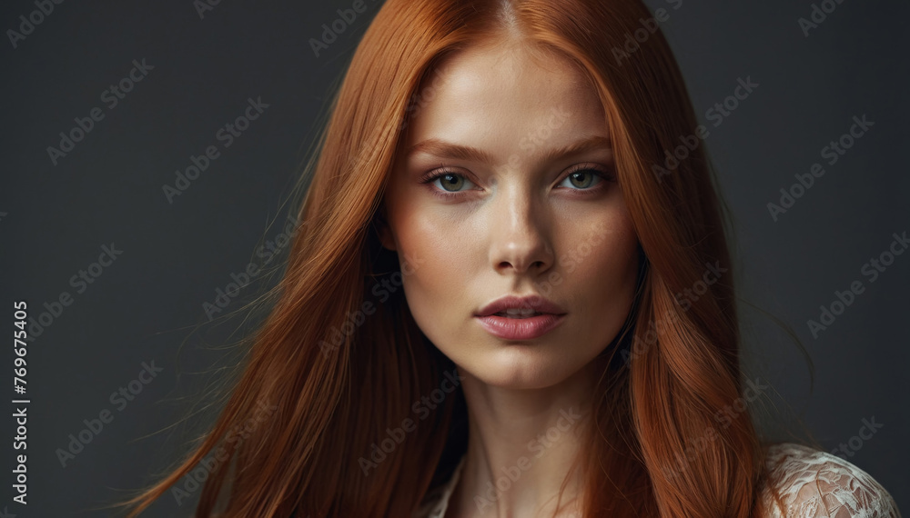 Naklejka premium Model girl with shiny brown smooth healthy hair with long straight and glowing, skin natural beauty smooth skin for Care and hair products 