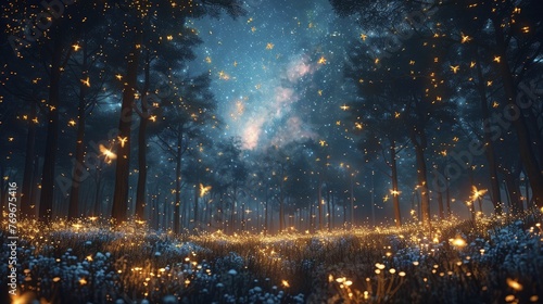 Fireflies forming constellations in a night sky, illustrating storytelling and the magic of discovering connections in data analysis and tech solutions.