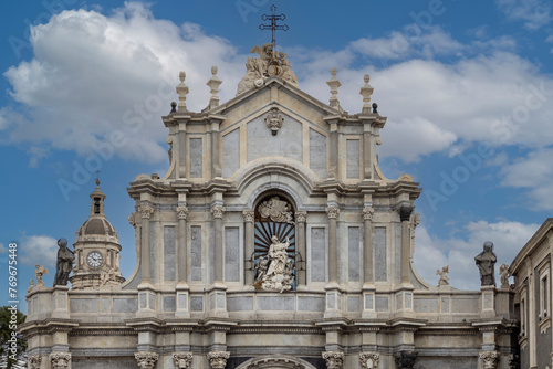 Facade of baroque Catania Cathedral with statue of Saint Agatha, Catania, Sicily, Italy © mychadre77