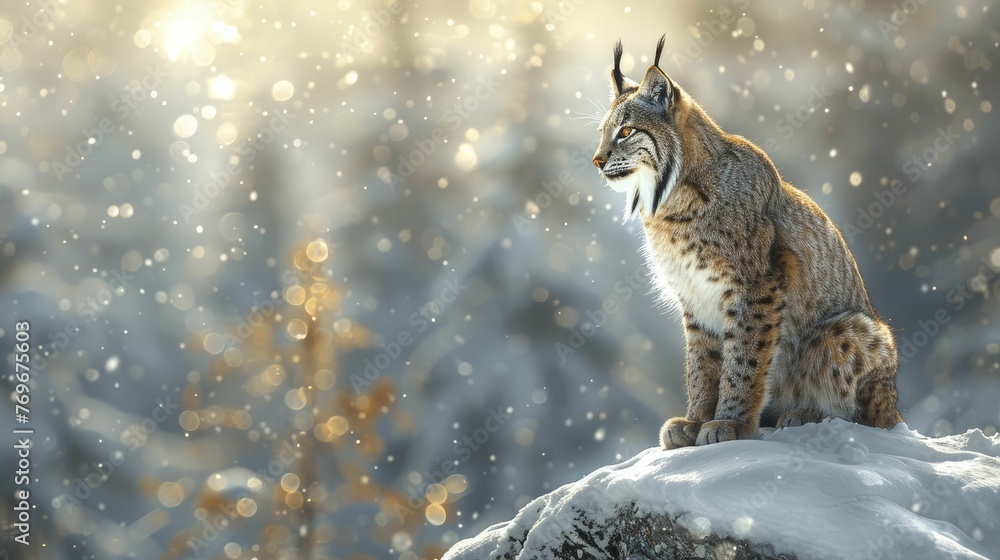 Obraz premium The lynx's focused gaze from the snowy ridge epitomizes strategic foresight crucial for business leadership.