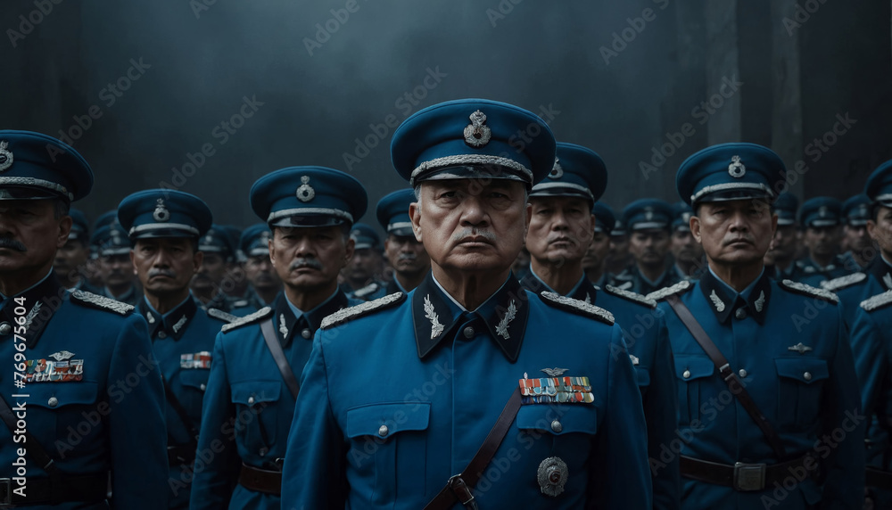 Powerful leader in outfit commanding a totalitarian group. Concept Totalitarian regime, Military leader Powerful leader in outfit commanding a totalitarian group. Concept Totalitarian regime, Military leader
