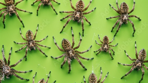 Funnel-web spiders on a green background. Dangerous insect.