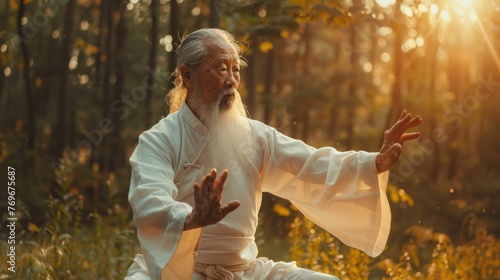 Asian senior man practicing tai chi in park photo