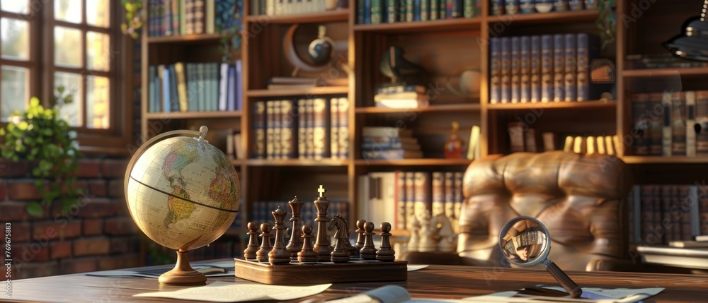 A warm and cozy corner of a study with a globe, chess set in thought, and magnifying glass over maps and documents , 3D illustration