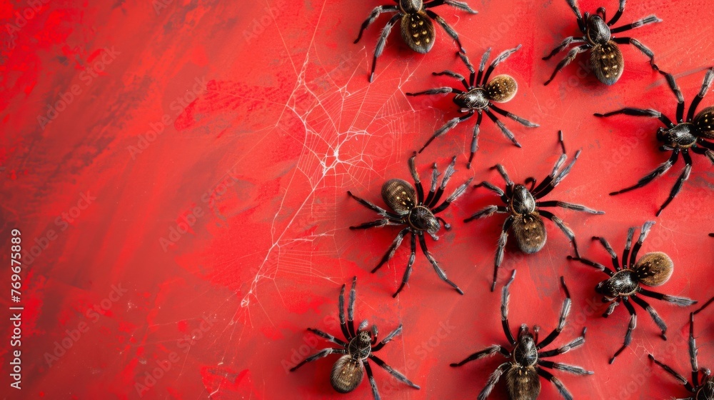 Funnel-web spiders on a red background. Dangerous insect. - obrazy, fototapety, plakaty 