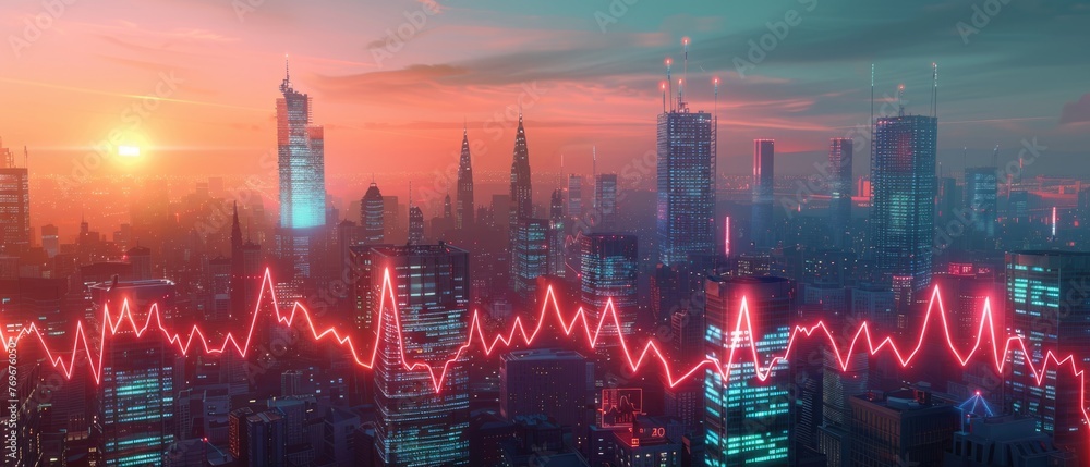 A citys heartbeat visualized through glowing data streams against the backdrop of towering skyscrapers , 3D illustration