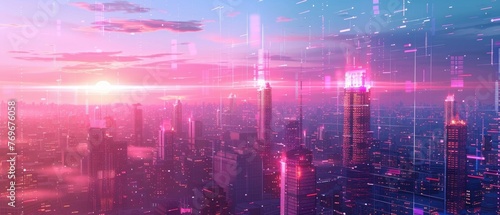 A cityscape at twilight  where the lights of buildings merge with the glow of digital data  symbolizing unity of technology and urban life   3D illustration