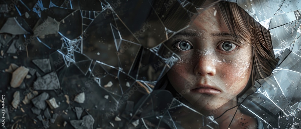The inquisitive stare of a child through a broken glass, a poignant blend of curiosity amidst the ruins , 3D illustration - obrazy, fototapety, plakaty 
