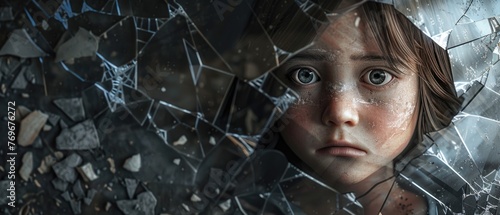 The inquisitive stare of a child through a broken glass, a poignant blend of curiosity amidst the ruins , 3D illustration