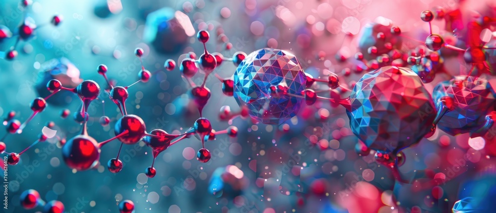 Nanotechnology concept with red and blue molecular spheres constructing a futuristic material , 3D illustration Nanotechnology concept with red and blue molecular spheres constructing a futuristic material , 3D illustration