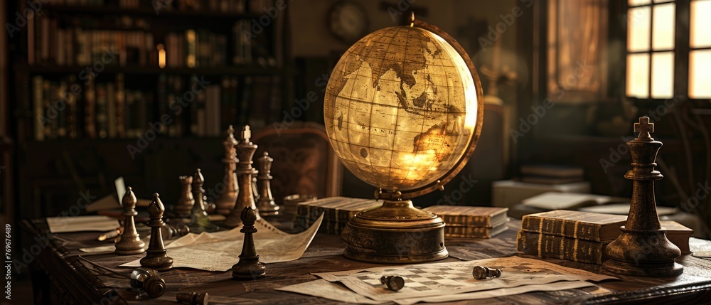 An old globe centered on a rustic desk, surrounded by chess pieces and ancient documents, illuminated by a soft, warm glow , 3D illustration