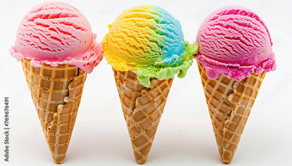 Three ice cream cones with different colors of ice cream Three ice cream cones with different colors of ice cream