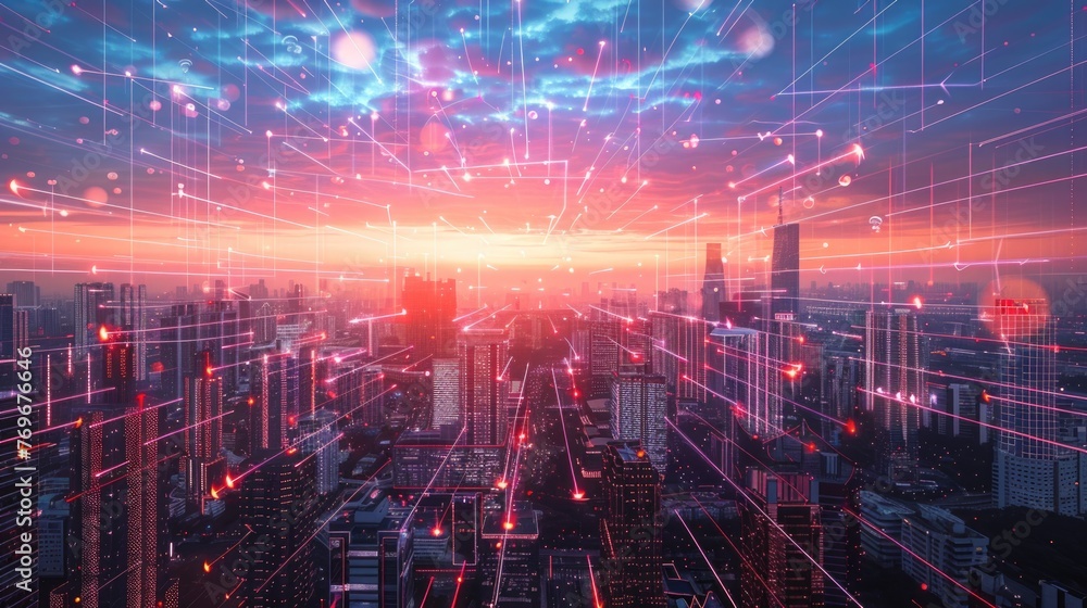 Skyline of a modern city with vibrant data streams crisscrossing the sky, reflecting a network of infinite connections , 3D illustration