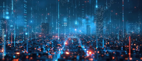 The silhouette of a modern city, with digital streams acting as a beacon of progress and connectivity in the urban night , 3D illustration