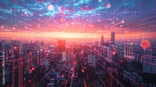 Skyline of a modern city with vibrant data streams crisscrossing the sky, reflecting a network of infinite connections , 3D illustration © Pungu x