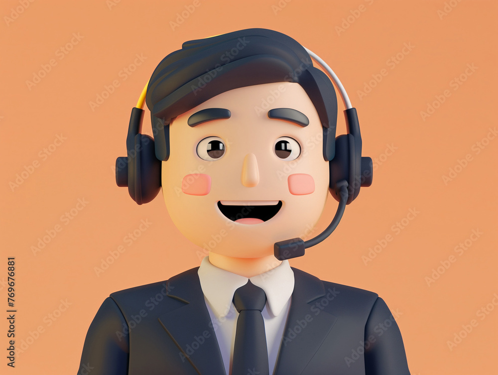 Call center male agent. 3d illustration character. Man in suit with a headset. Customer support line - obrazy, fototapety, plakaty 
