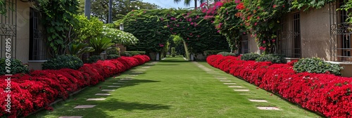 A vibrant row of red flowers cascades along the side of a building, adding a pop of color and beauty to the urban landscape