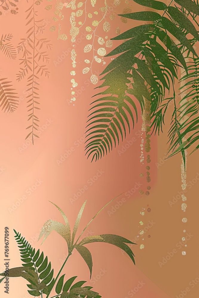 A vibrant pink wall is adorned with lush green leaves, creating a captivating contrast of color and texture