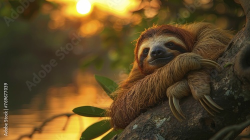 A serene sloth silhouette at sunset offers a peaceful escape from the digital rush, ideal for mindfulness seekers. photo