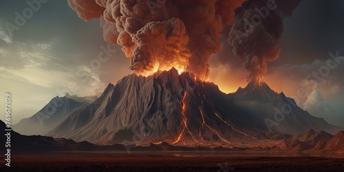 Witness a volcanic eruption: explosions, smoke, and rivers of lava. photo