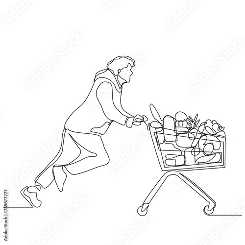 Continuous single line sketch drawing young happy man pushing shopping trolley cart. One line retail shop mart market vector illustration