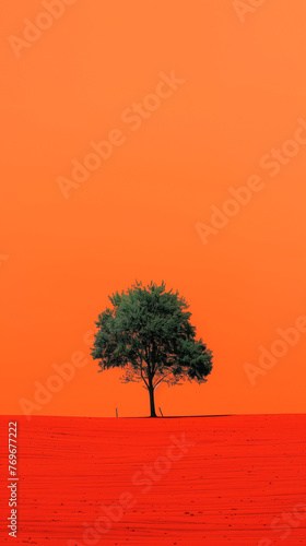 Orange background with a single tree. AI Generated
