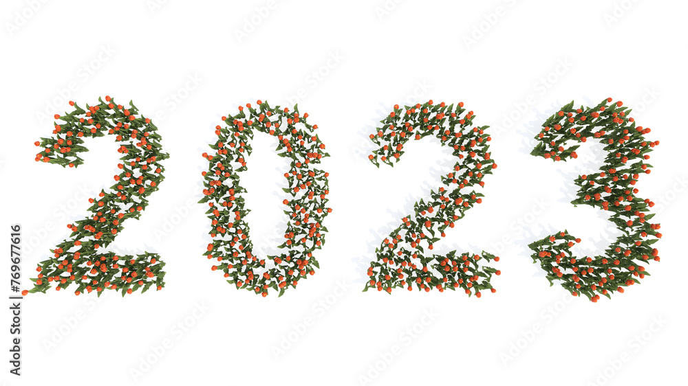 Concept or conceptual set of beautiful blooming tulip bouquets forming the year 2023. 3d illustration metaphor for hope, future, prosperity, health, romance and love, nature, spring or summer. Concept or conceptual set of beautiful blooming tulip bouquets forming the year 2023. 3d illustration metaphor for hope, future, prosperity, health, romance and love, nature, spring or summer.