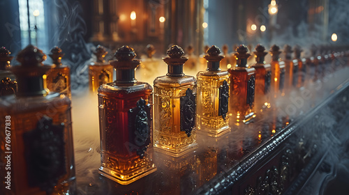 A collection of antique perfume bottles arrayed on a reflective surface with a backdrop of candlelight and baroque details photo