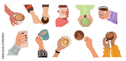 Collection of different hands holding hot drinks and beverage. Brewing or pouring green and black or matcha tea, cacao, espresso coffee. Flat vector cartoon illustration on transparent background.